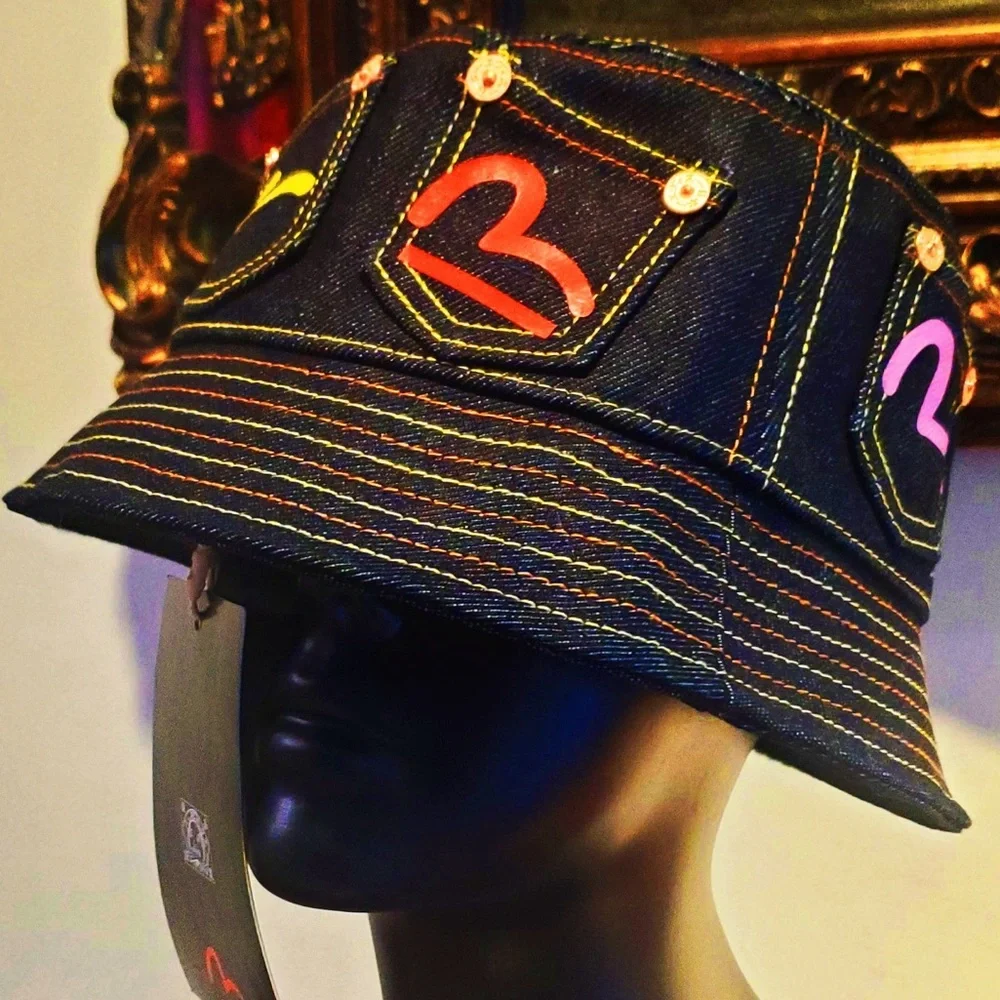 Evisu Multi-color Seagull Print Multi-Pockets Denim Bucket Hat NWT w Bag - Picture 4 of 9